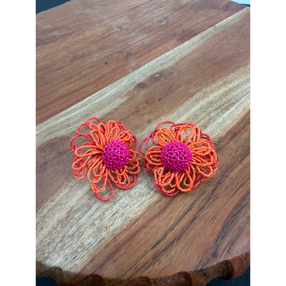 Unbranded Beaded Flower Statement Earrings Womens OS Orange Pink Clip-On Post